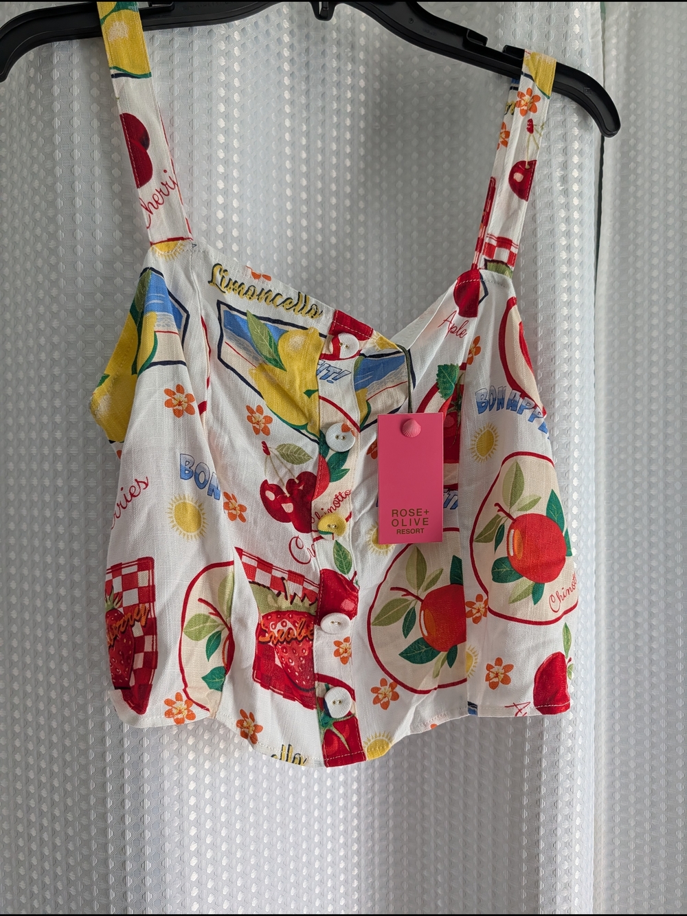 Rose & Olive Fruit Print Button-Front Crop Top Sz L